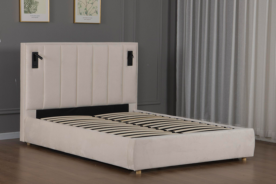 Penyimpanan Hidraulik 5033-1G Moden Beige Baldu LED Rangka Katil Upholsteri