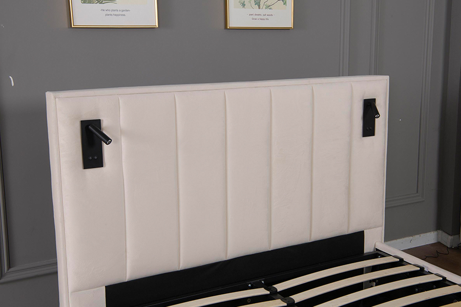 Penyimpanan Hidraulik 5033-1G Moden Beige Baldu LED Rangka Katil Upholsteri