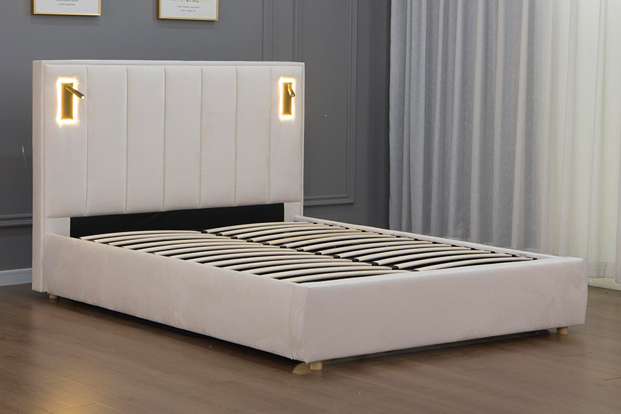 Penyimpanan Hidraulik 5033-1G Moden Beige Baldu LED Rangka Katil Upholsteri
