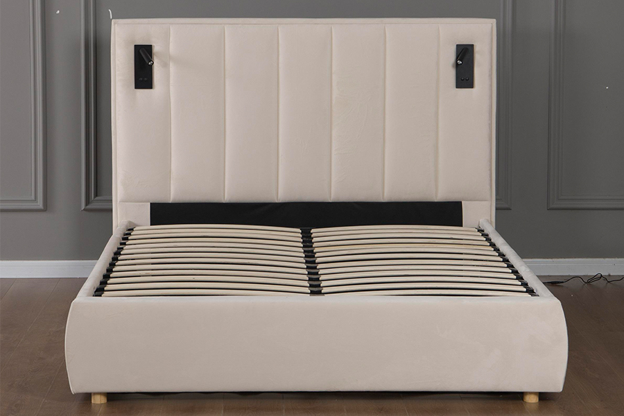 Penyimpanan Hidraulik 5033-1G Moden Beige Baldu LED Rangka Katil Upholsteri