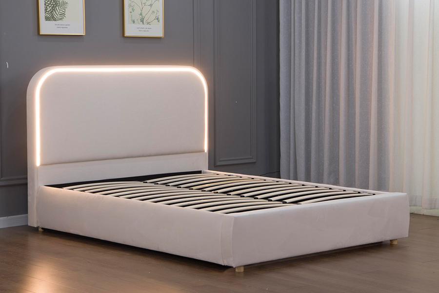 5032-1G Kayu Kepala Katil Melengkung LED Rangka Katil Upholsteri