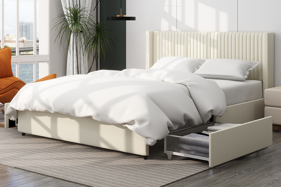 N18 Beige Moden Beige Katil Lembut Boleh Laras Katil Penyimpanan Upholsteri