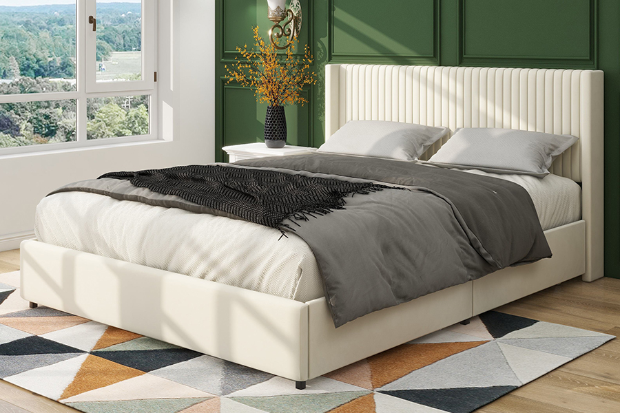 N18 Beige Moden Beige Katil Lembut Boleh Laras Katil Penyimpanan Upholsteri