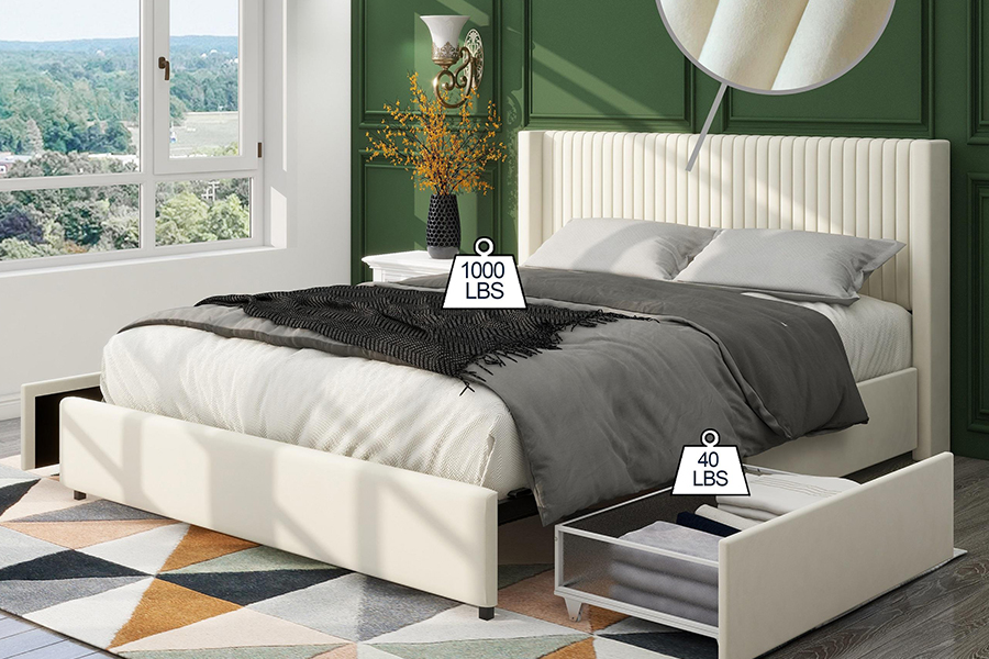 N18 Beige Moden Beige Katil Lembut Boleh Laras Katil Penyimpanan Upholsteri