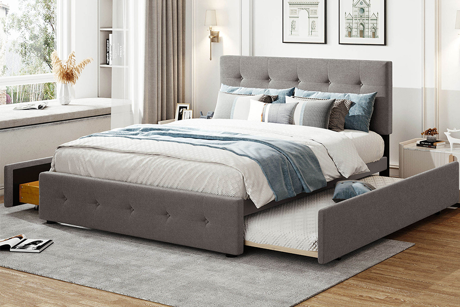 Rangka Katil Upholsteri Berlapis Dua Tingkat Ketahanan Berganda Boleh Laras N15 Trundle