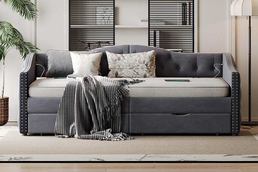 N13 Kusyen baldu kelabu moden Eropah Katil sofa penyimpanan