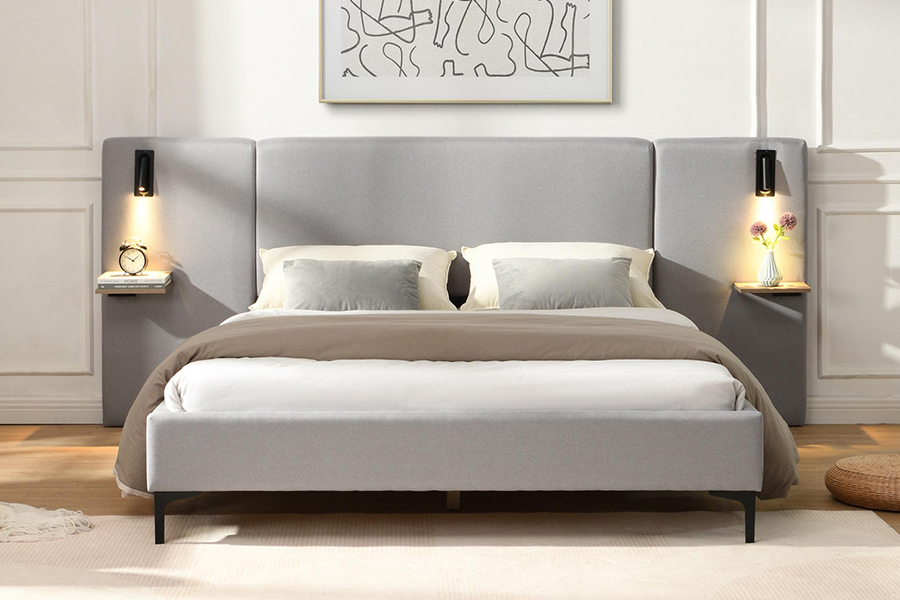 N1 Kelabu Gelap Fabrik Tahan Lama Slat Kukuh LED Rangka Katil Upholsteri