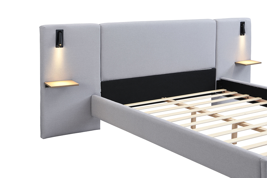 N1 Kelabu Gelap Fabrik Tahan Lama Slat Kukuh LED Rangka Katil Upholsteri