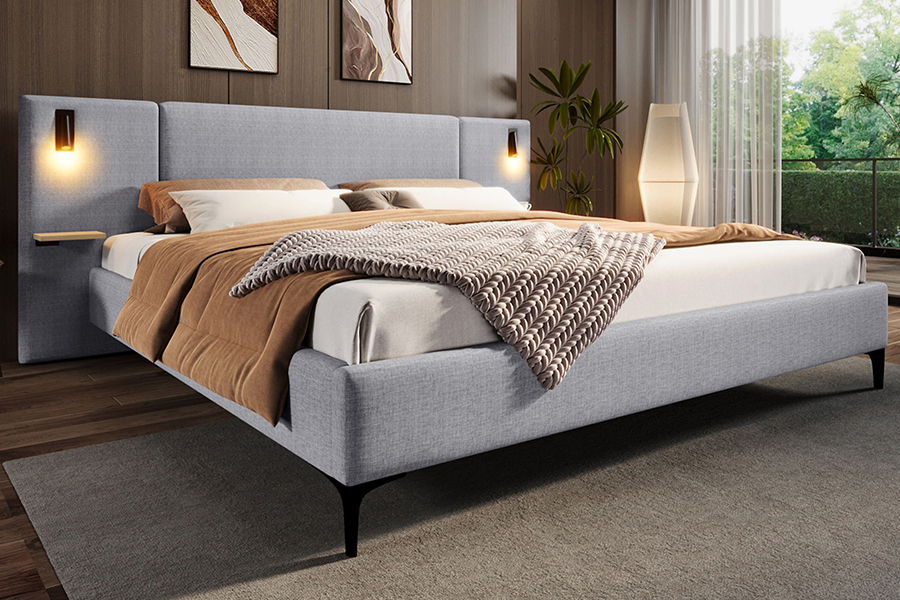 N1 Kelabu Gelap Fabrik Tahan Lama Slat Kukuh LED Rangka Katil Upholsteri