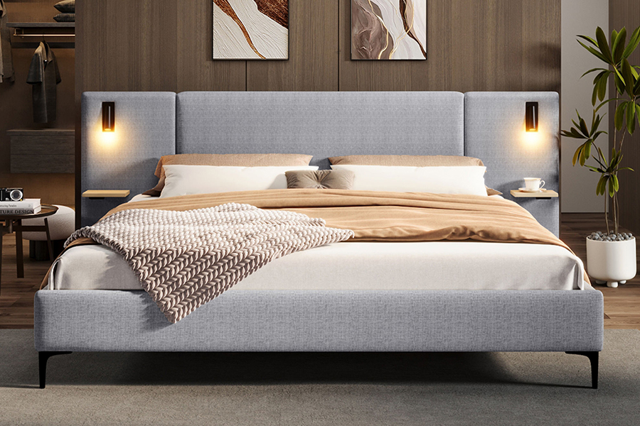 N1 Kelabu Gelap Fabrik Tahan Lama Slat Kukuh LED Rangka Katil Upholsteri