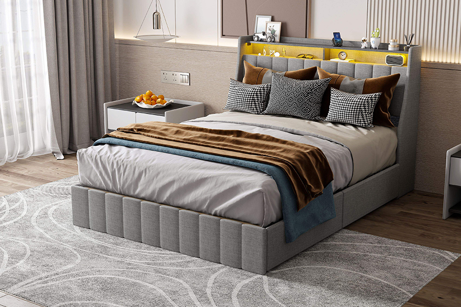 Katil Katil Kelabu N2 Bahan Mesra Alam LED Rangka Katil Upholsteri