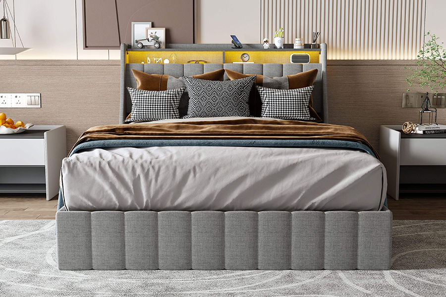 Katil Katil Kelabu N2 Bahan Mesra Alam LED Rangka Katil Upholsteri