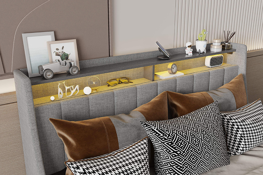 Katil Katil Kelabu N2 Bahan Mesra Alam LED Rangka Katil Upholsteri