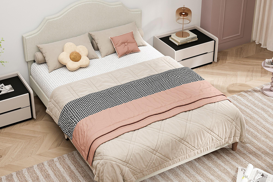 N21 Katil Pelapis Bersaiz Queen Berkualiti Tinggi Fabrik Beige