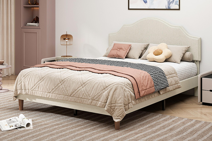 N21 Katil Pelapis Bersaiz Queen Berkualiti Tinggi Fabrik Beige