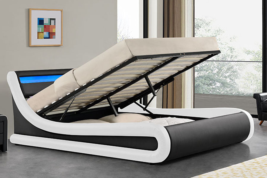 1138-1G Katil Kulit PU Ottoman Lif Seperti Gelombang LED