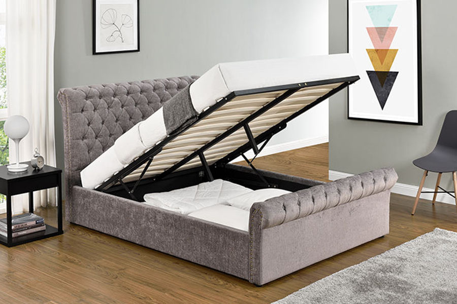 Rangka Katil Penyimpanan Chesterfield Chenille-Velvet Sleigh Uthmaniyyah 1208G