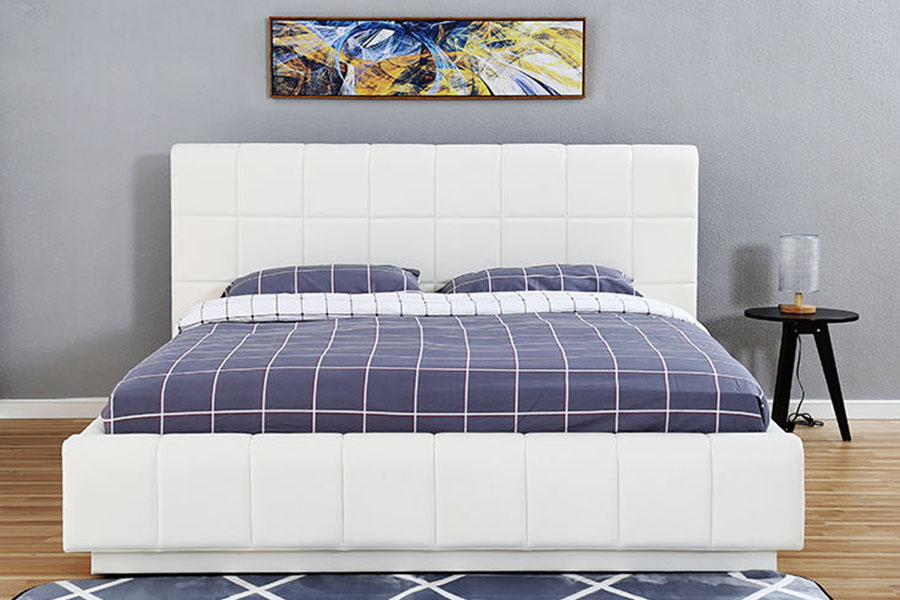 1305G Rangka Katil Upholstered Bilik Tidur Penyimpanan Kulit PU Putih Tiga Sebelah LED