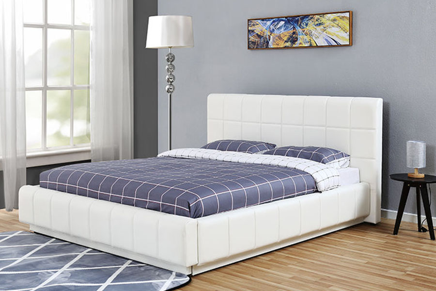1305G Rangka Katil Upholstered Bilik Tidur Penyimpanan Kulit PU Putih Tiga Sebelah LED