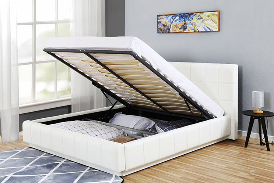 1305G Rangka Katil Upholstered Bilik Tidur Penyimpanan Kulit PU Putih Tiga Sebelah LED