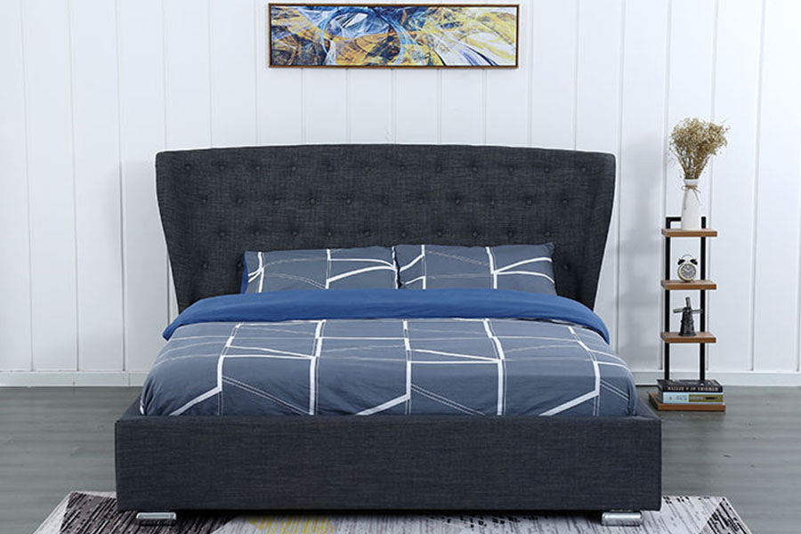 Katil Pelapis Kaki Kayu 1292G Wingback Eropah Kelabu Linen Berbutang