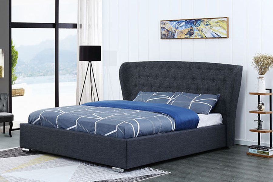 Katil Pelapis Kaki Kayu 1292G Wingback Eropah Kelabu Linen Berbutang