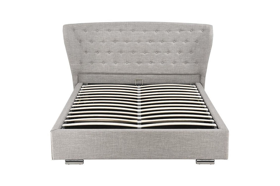 Katil Pelapis Kaki Kayu 1292G Wingback Eropah Kelabu Linen Berbutang