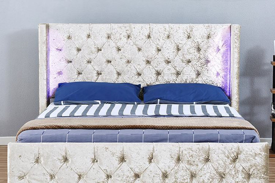 Rangka Katil Penyimpanan Kayu Bersayap-Diamante LED Perak-Velvet 1290-1G