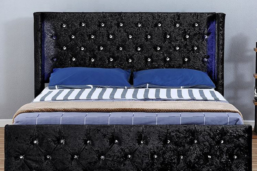 Rangka Katil Penyimpanan Kayu Bersayap-Diamante LED Perak-Velvet 1290-1G