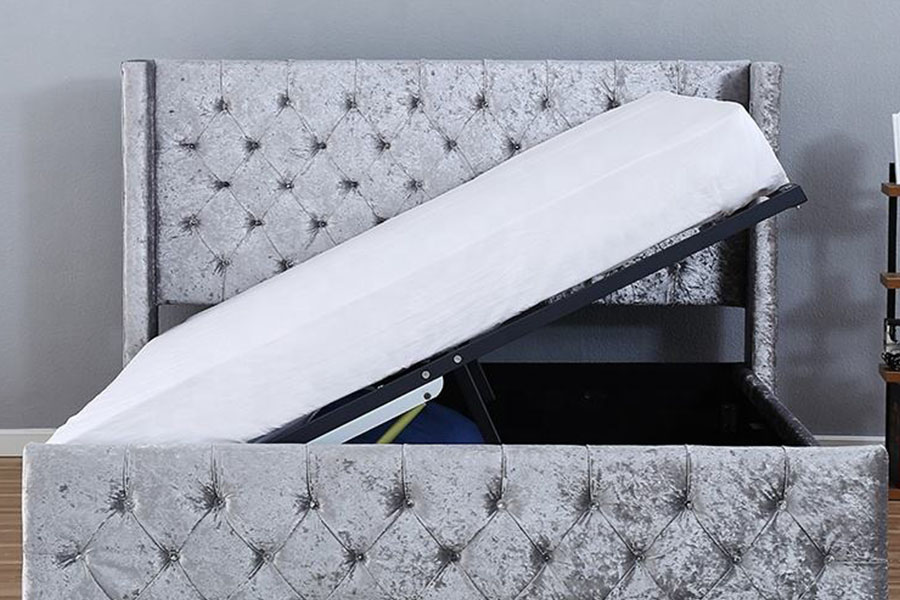 Rangka Katil Penyimpanan Kayu Bersayap-Diamante LED Perak-Velvet 1290-1G