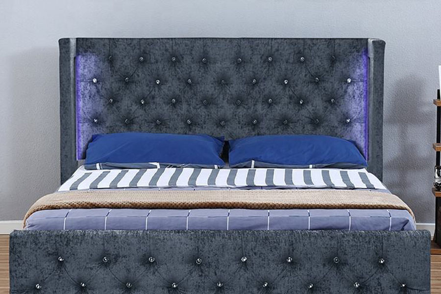 Rangka Katil Penyimpanan Kayu Bersayap-Diamante LED Perak-Velvet 1290-1G