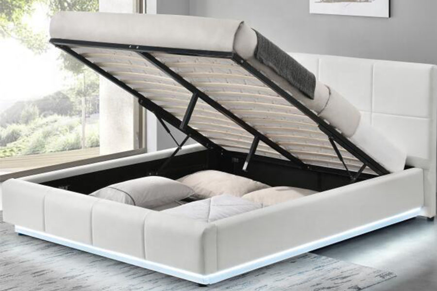 Rangka Katil Double Upholstered LED 1239-1G Putih Faux-Leather Ottoman LED