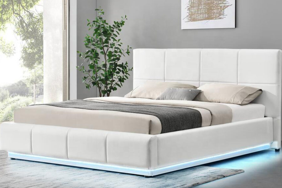 Rangka Katil Double Upholstered LED 1239-1G Putih Faux-Leather Ottoman LED